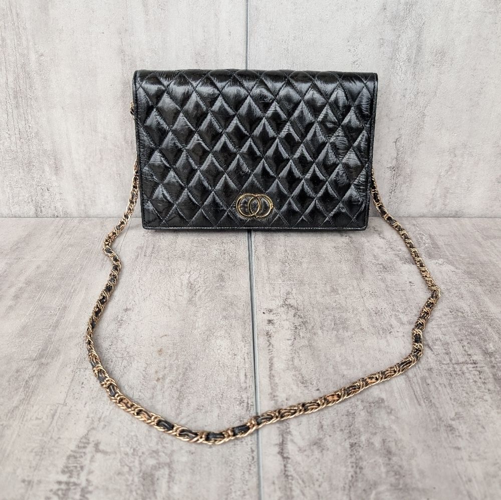 Vintage Eel Skin Black and Gold Tone Quilted Crossbody Purse